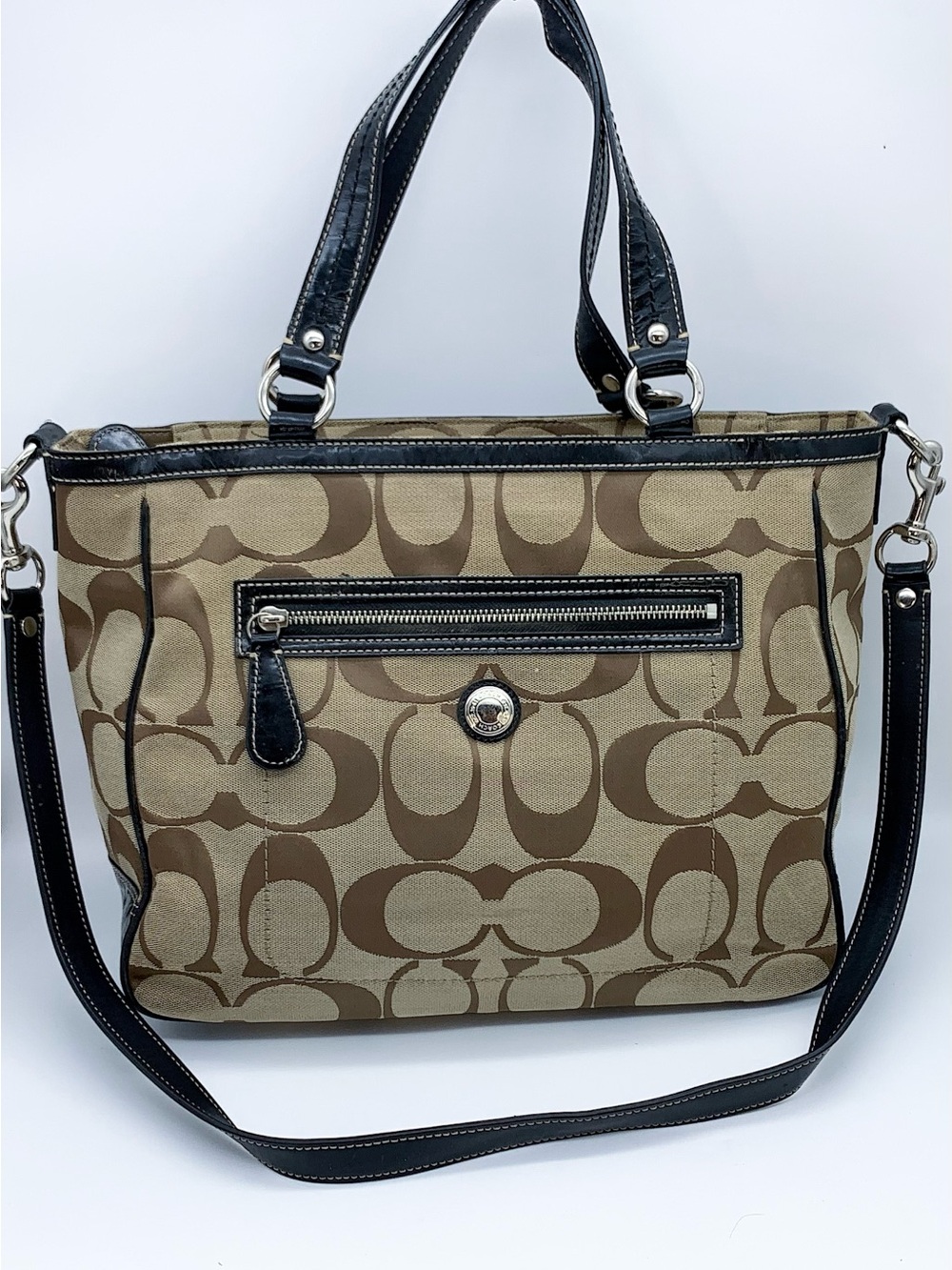 Coach Khaki and Brown Signature Canvas Carry All Tote with Black Leather Trim